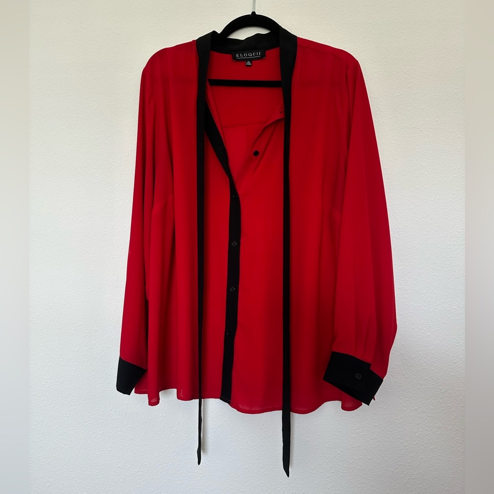 Eloquii- red and black, long sleeved tie neck blouse, size 22